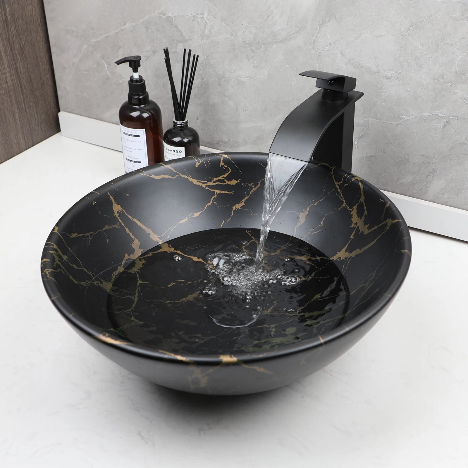 17'' Round Vessel Vanity Sink, Faucet, Drain Set