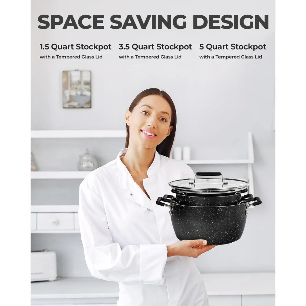 Granitestone Nonstick Pots and Pans Set, Nonstick, 5qt 3qt 1qt