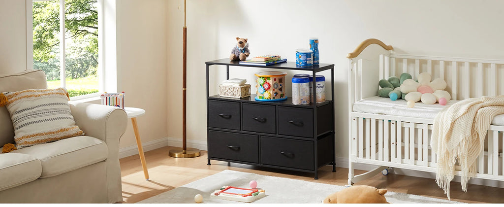 Display Cabinet Dresser, 5 Fabric Drawers, Shoe Rack