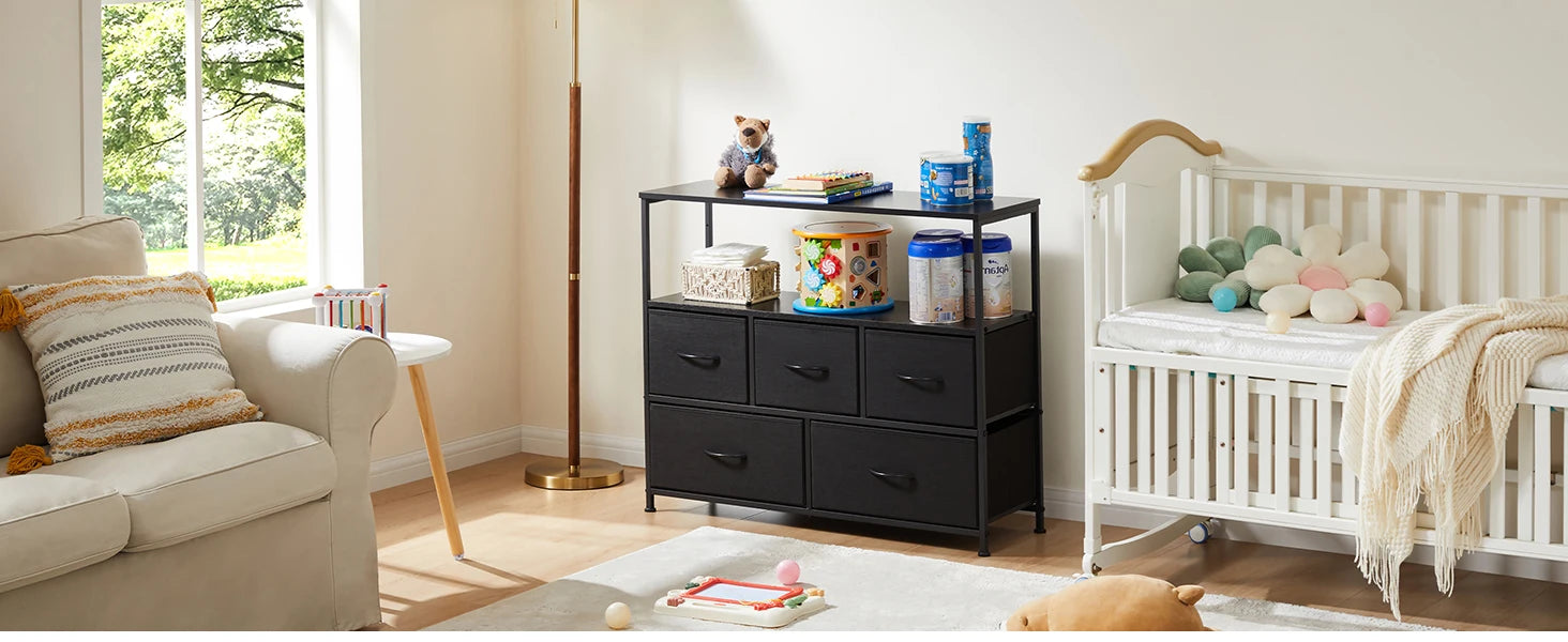 Display Cabinet Dresser, 5 Fabric Drawers, Shoe Rack