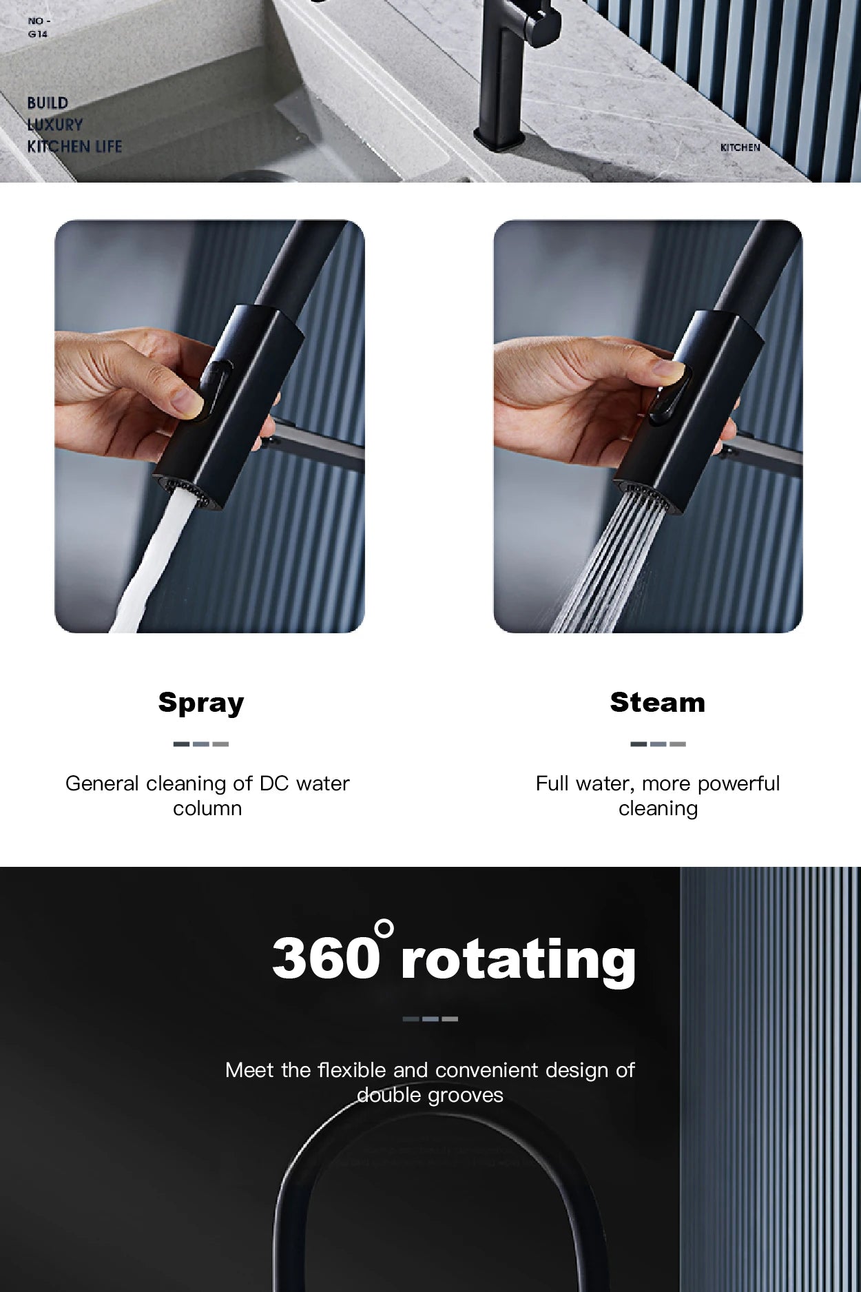 black kitchen faucet, 2 function Spray