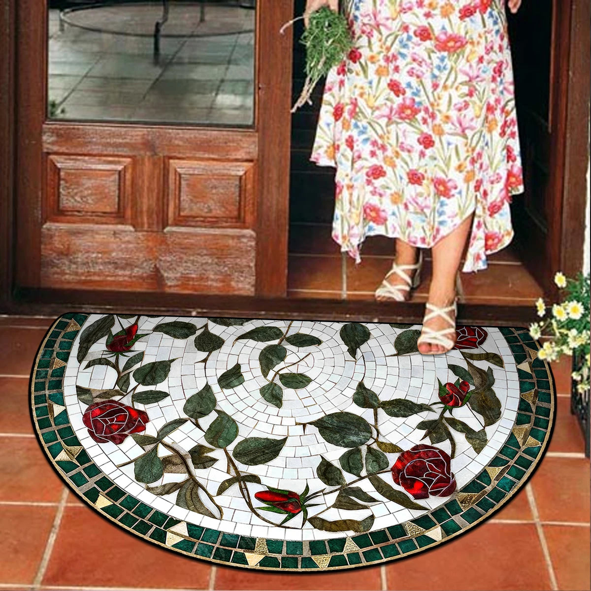 Entrance Doormat House, Outdoor, Semi-circular, Floral Style
