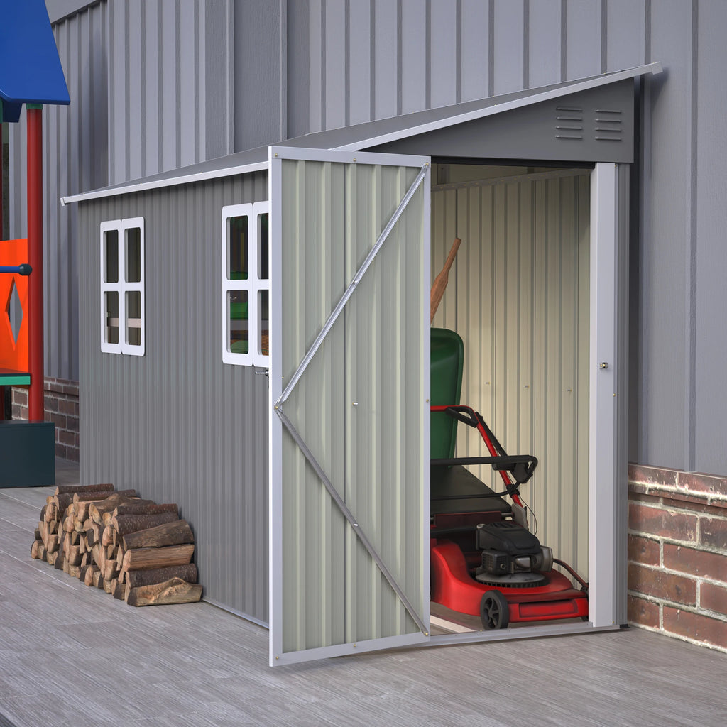 4x10 FT Galvanized Steel Shed, Lockable Storage, Windows