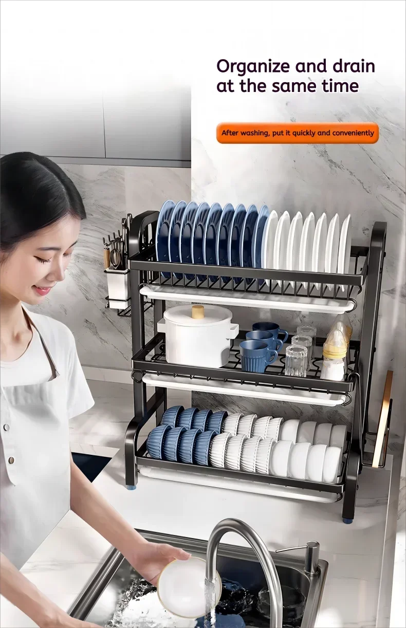 2-Tier Large Dish Drying Rack with Drainboard and Utensil Holder Rust-Proof Compact Kitchen Dish Drainer for Countertop Kitchen