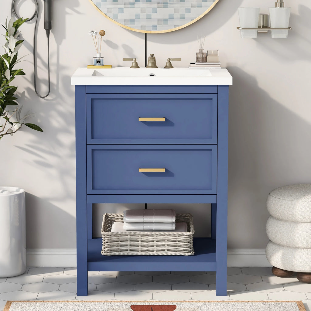 24'' Vanity with Top Sink, 2 Drawers, Wooden Cabinet