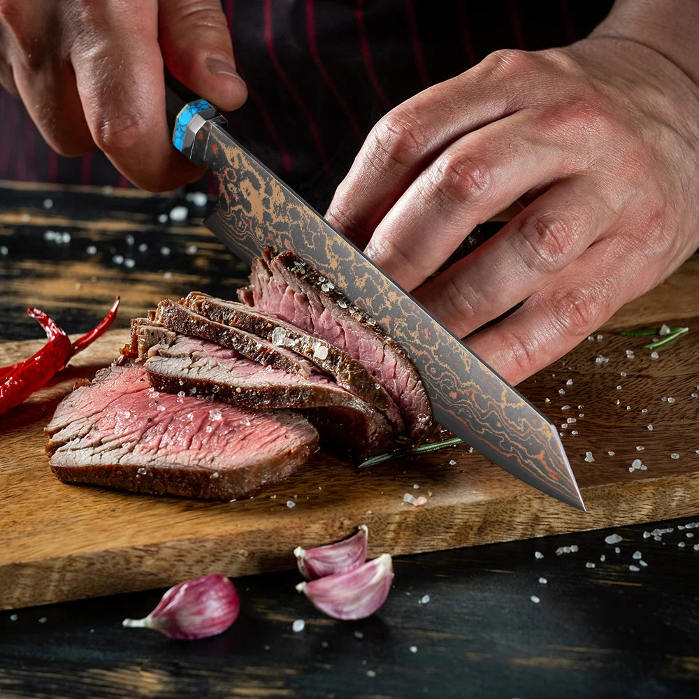 8 Inch Chef Knife 37 Layers Tricolor Copper Damascus Steel