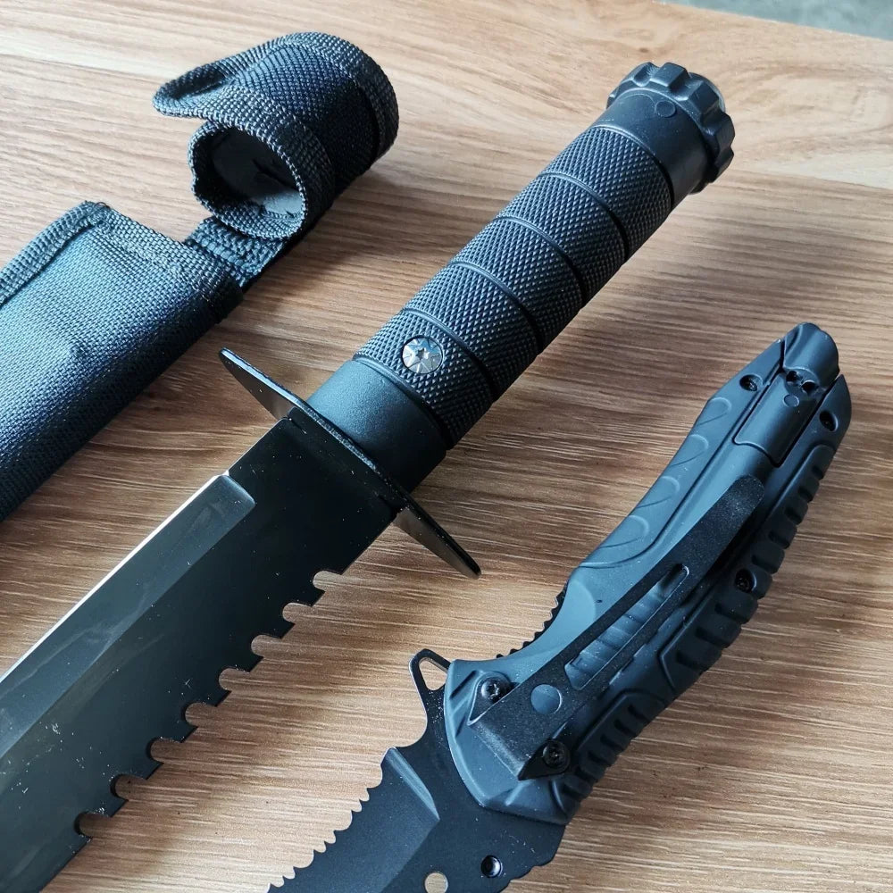 Stainless Steel Knife Set: Fixed & Folding Blades, Sheath