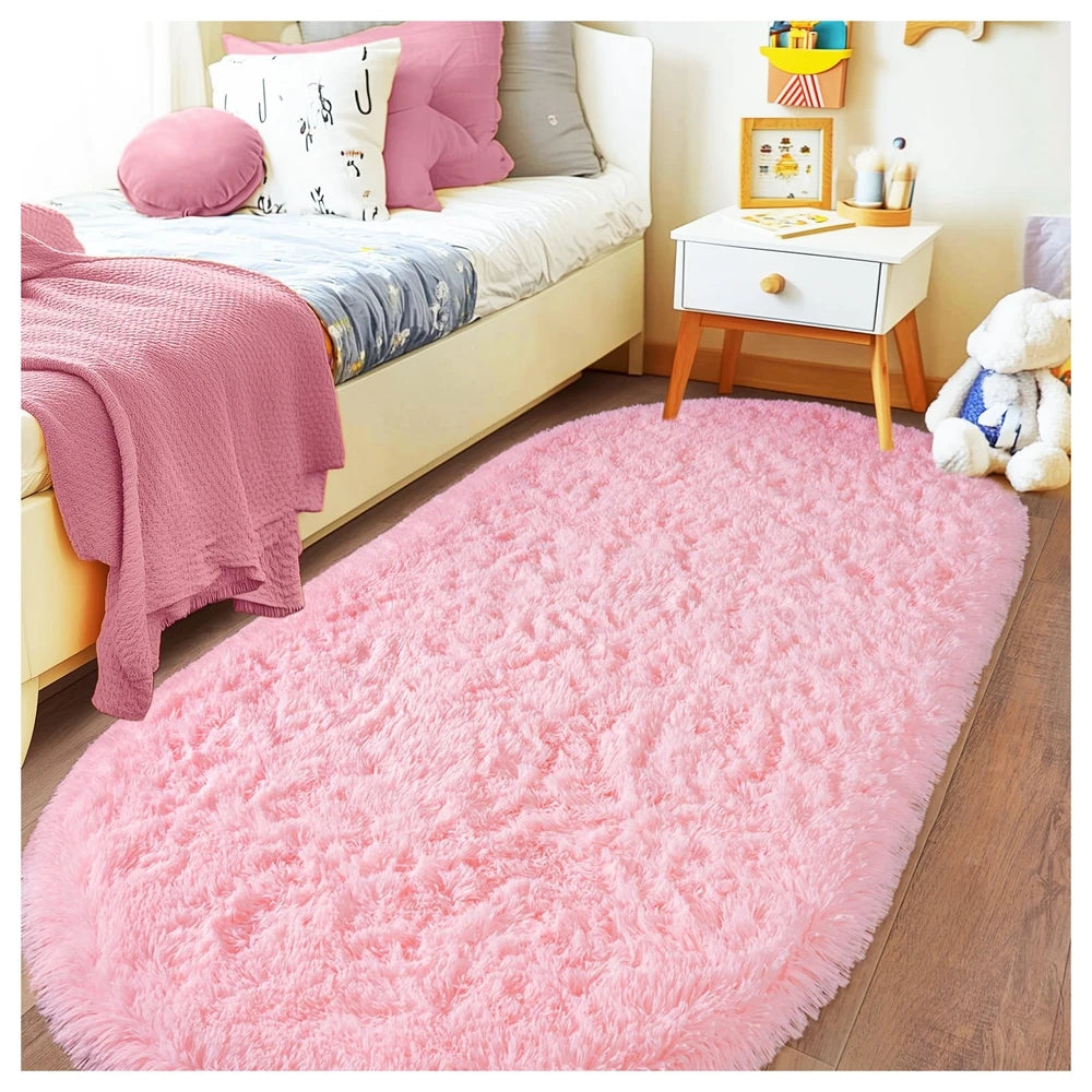 Oval Fluffy Plush Bedside Rugs, Moisture-Proof