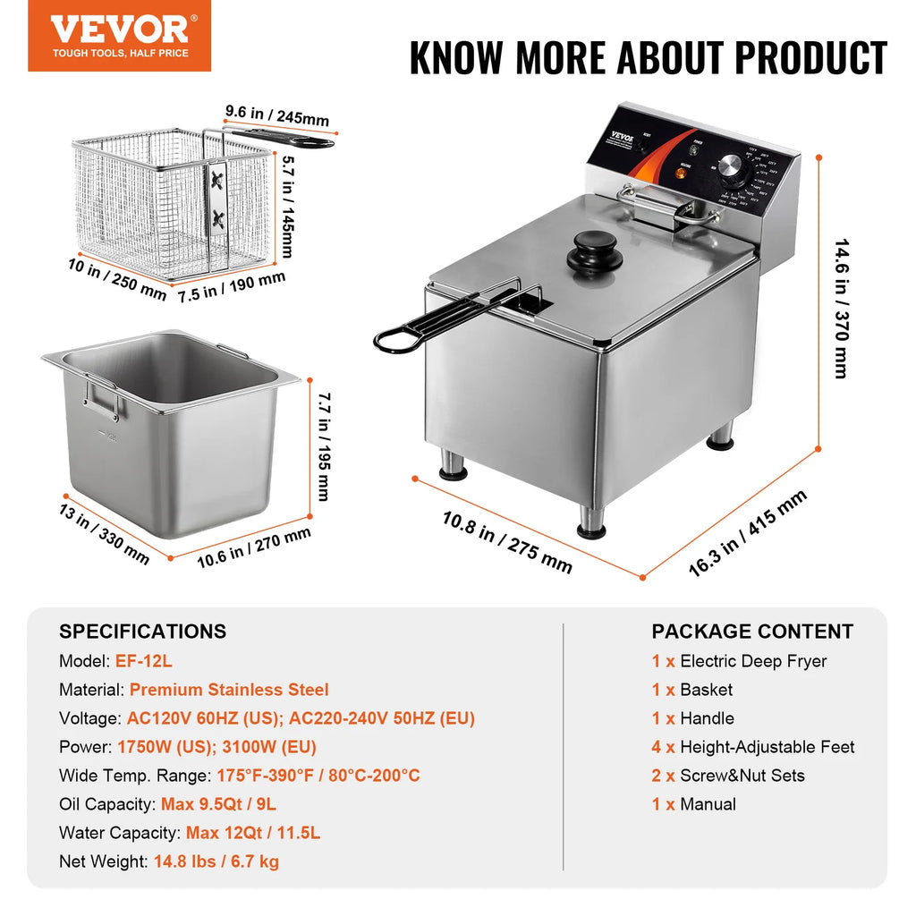 Countertop Fryer, Stainless Steel Basket, Time & Temp Control