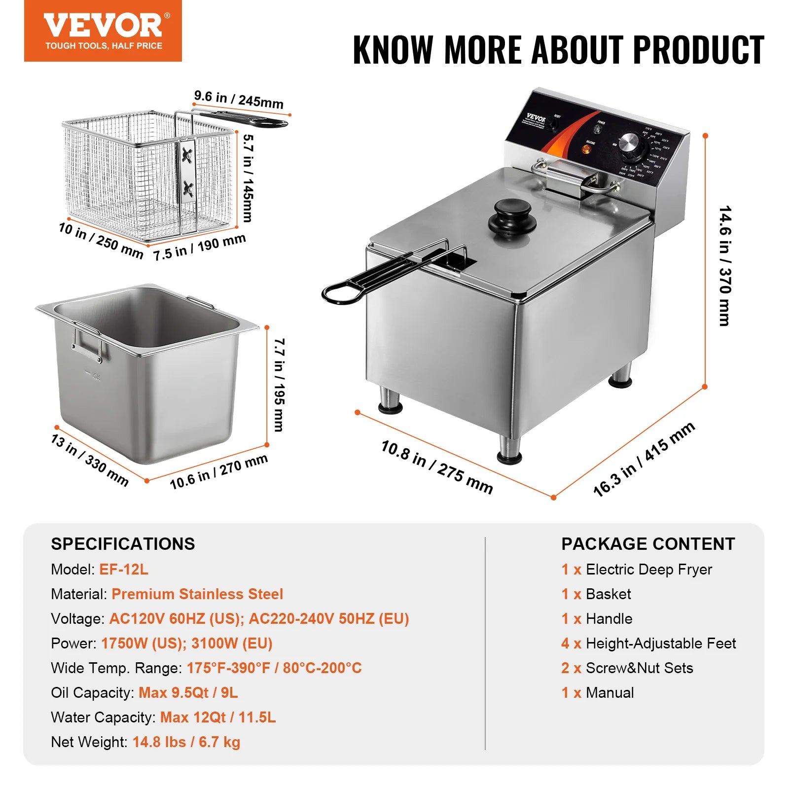 Countertop Fryer, Stainless Steel Basket, Time & Temp Control