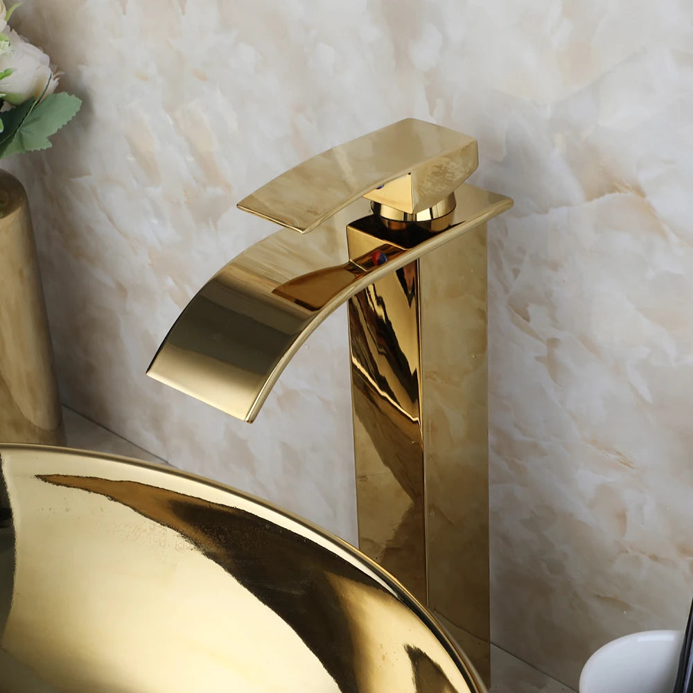 Large Gold Vessel Sink with Faucets, Drain