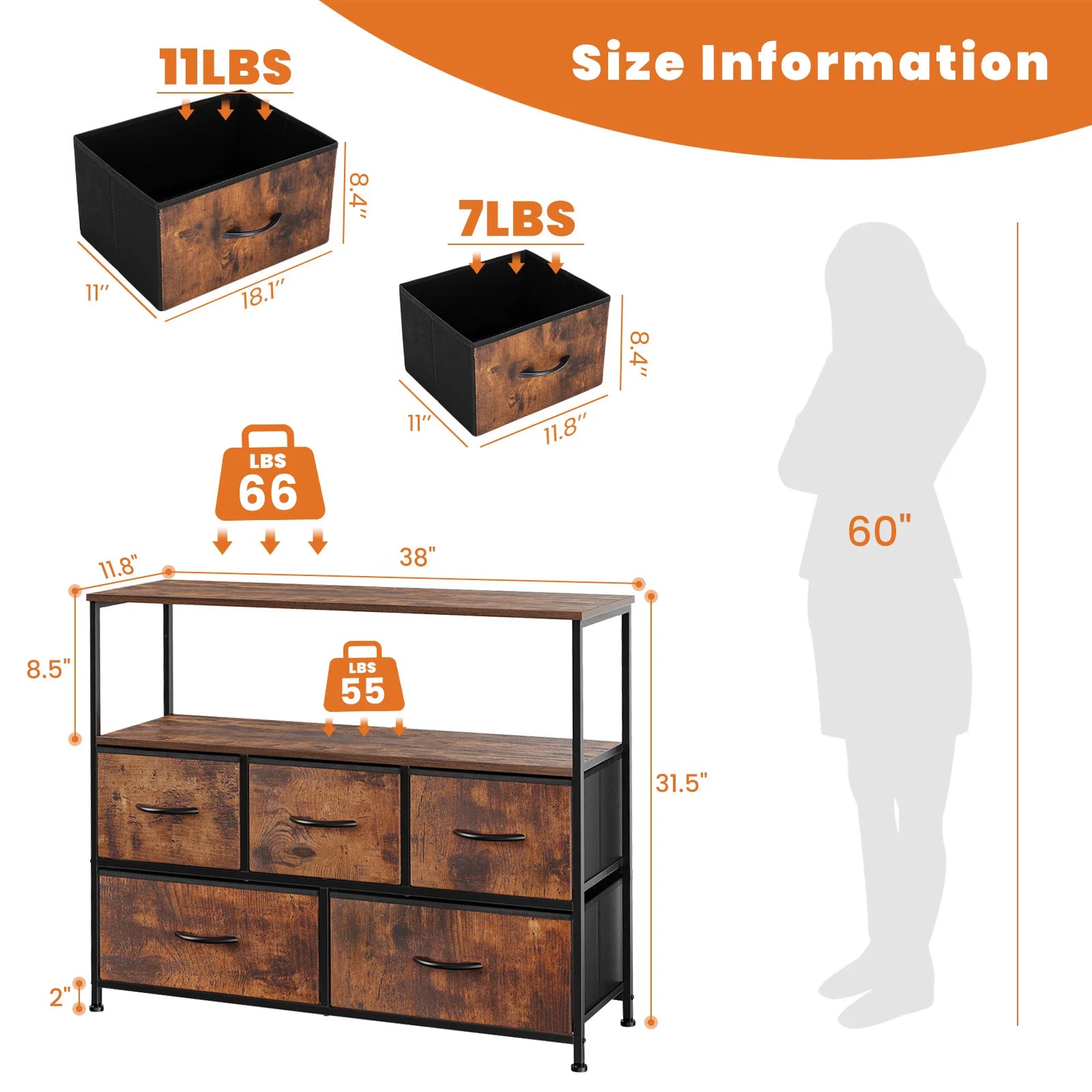 Display Cabinet Dresser, 5 Fabric Drawers, Shoe Rack