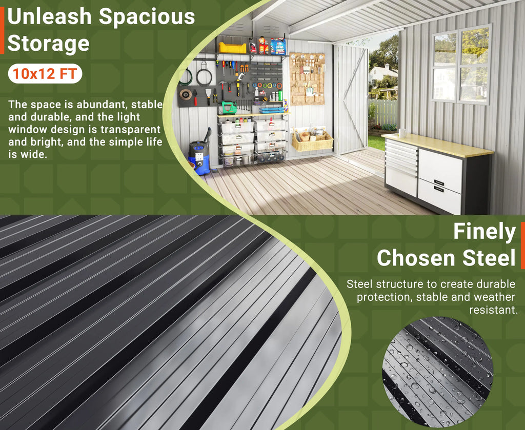 10x12 FT Outdoor Metal Storage Shed with Windows