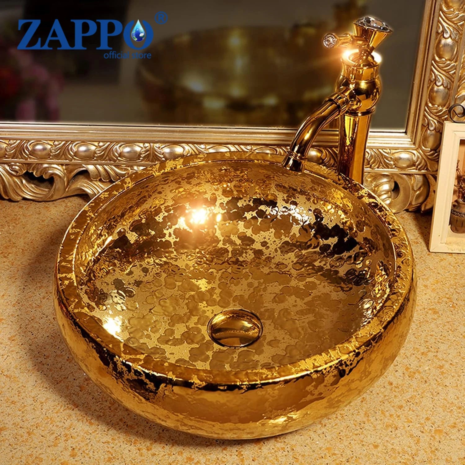 15" Gold Vessel Sink with Faucet, Drain