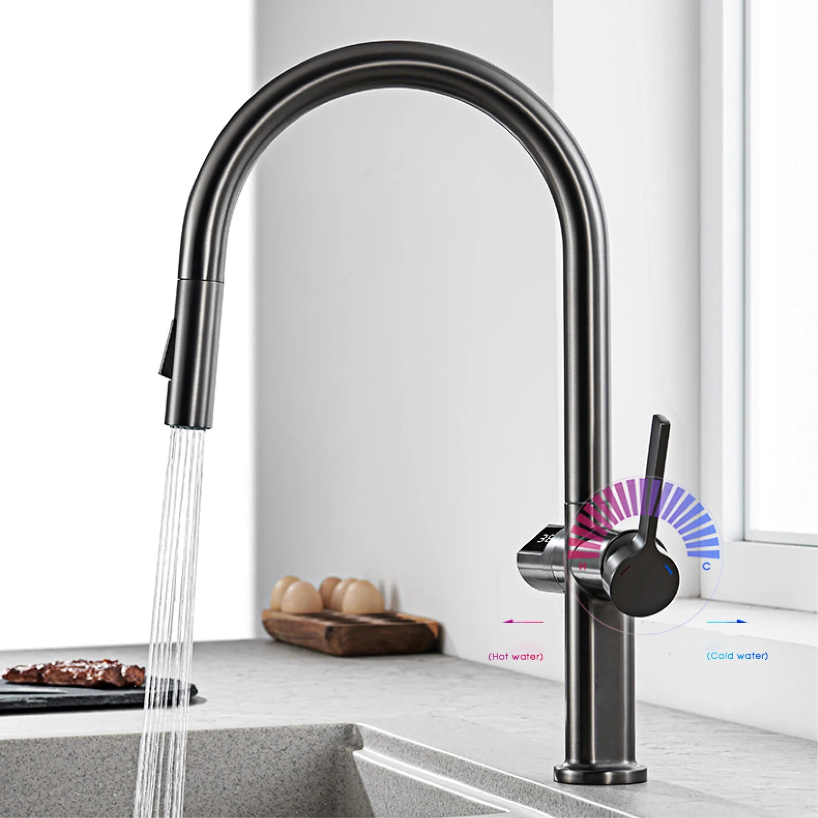 gun gray kitchen faucet, LED digital sensing, 2-function spay