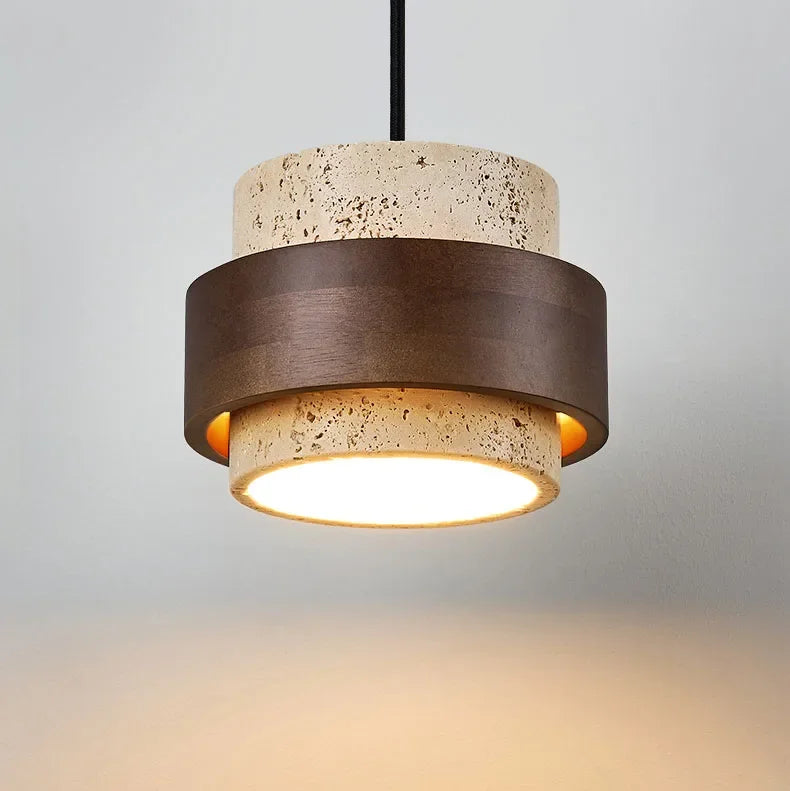 Natural Stone LED Pendant Lamp, Wood, Cord Adjustable