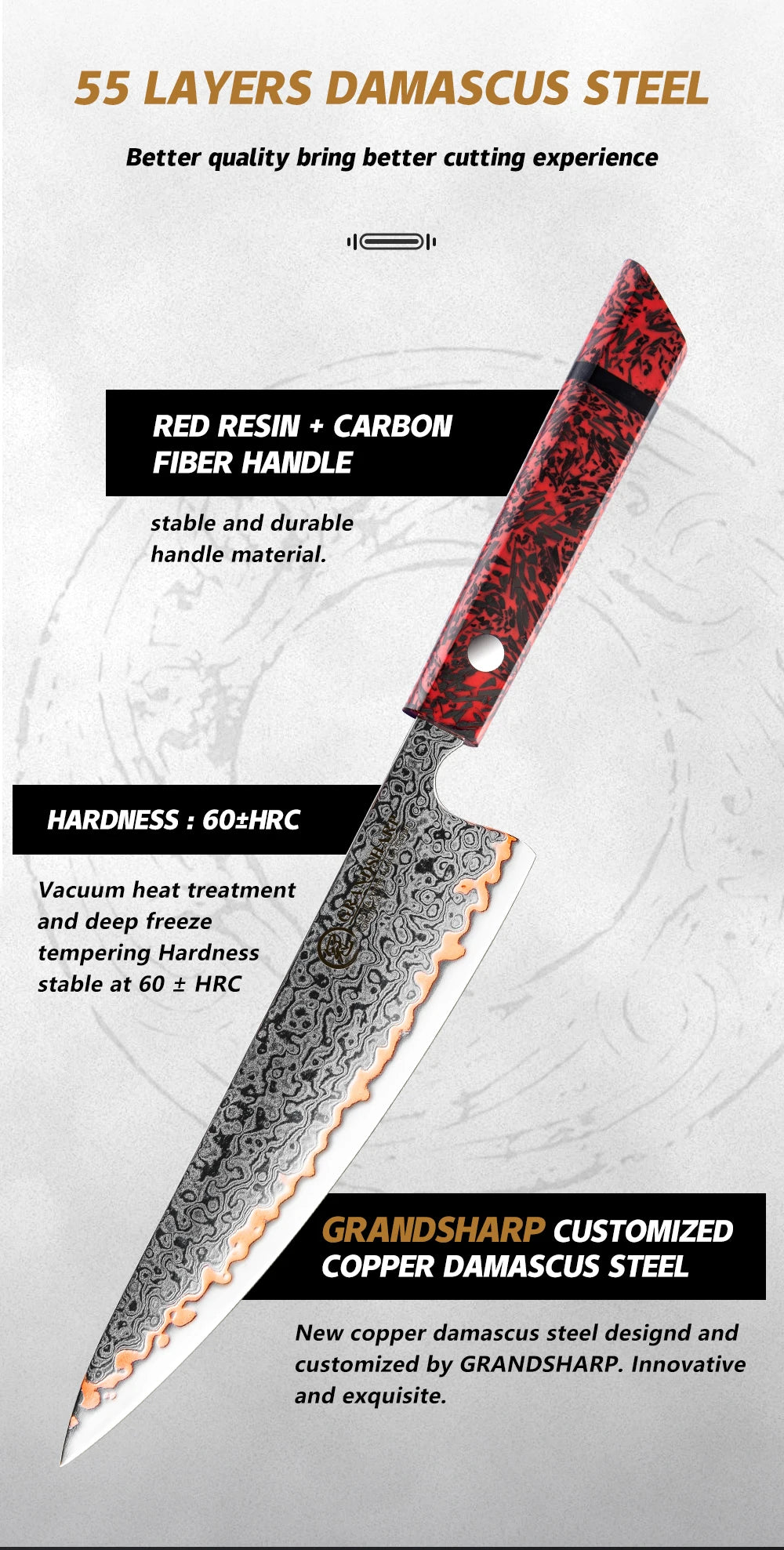 1-7PCS 55 Layers Copper Damascus Steel Chef Knife