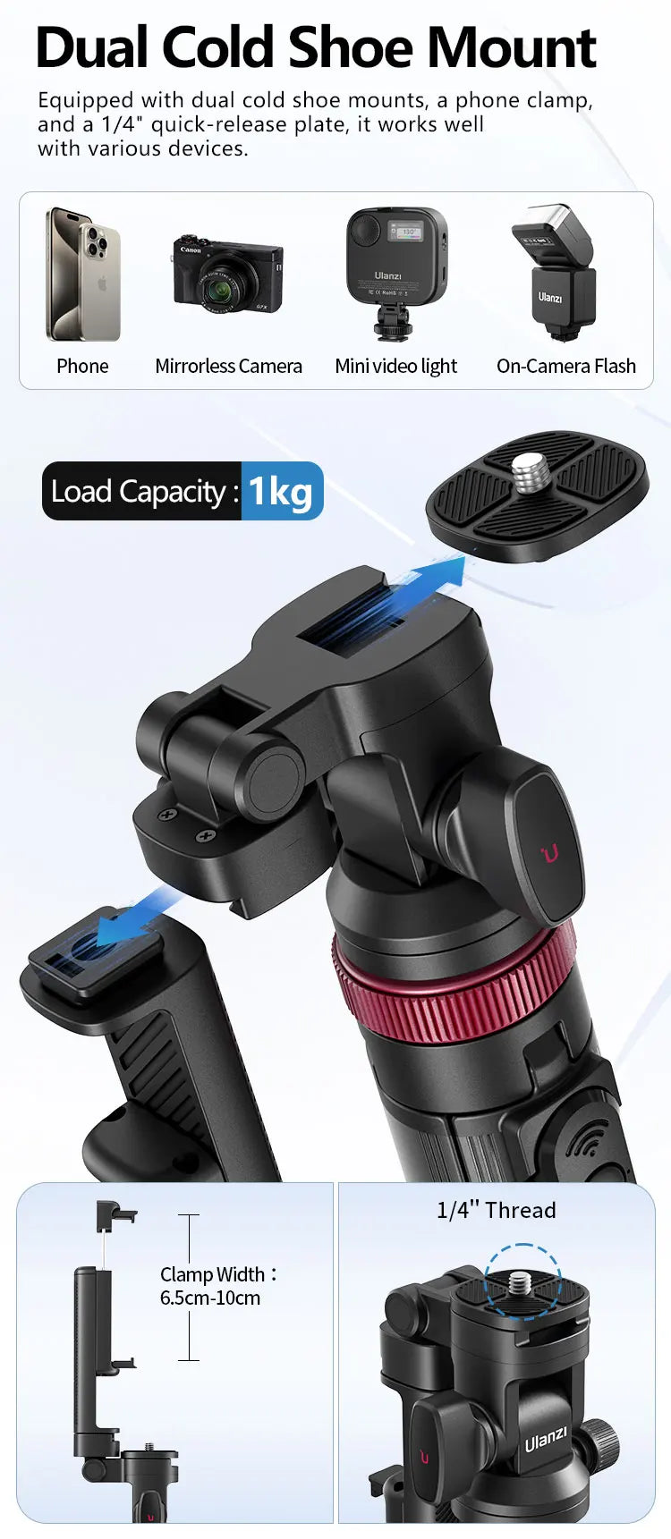 Camera Tripod, Bluetooth Remote, Double Cold Shoe Gimbal