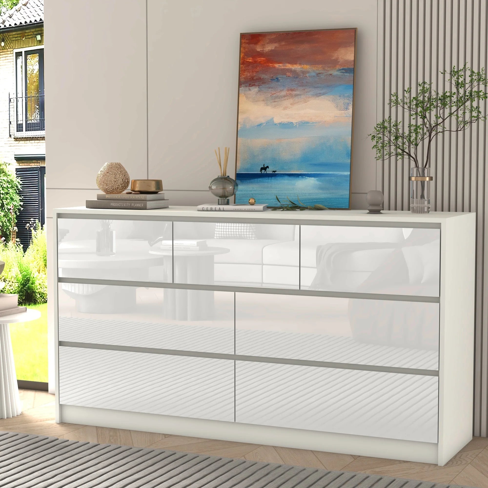 55" 7-Drawer Dresser for Bedroom, High Gloss Drawers