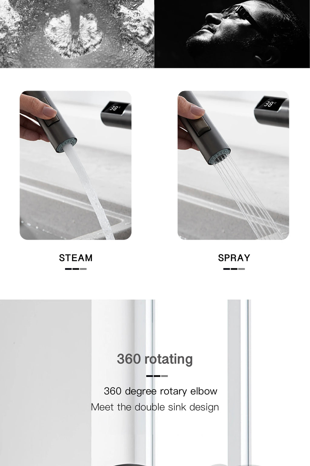gun gray kitchen faucet, LED digital sensing, 2-function spay