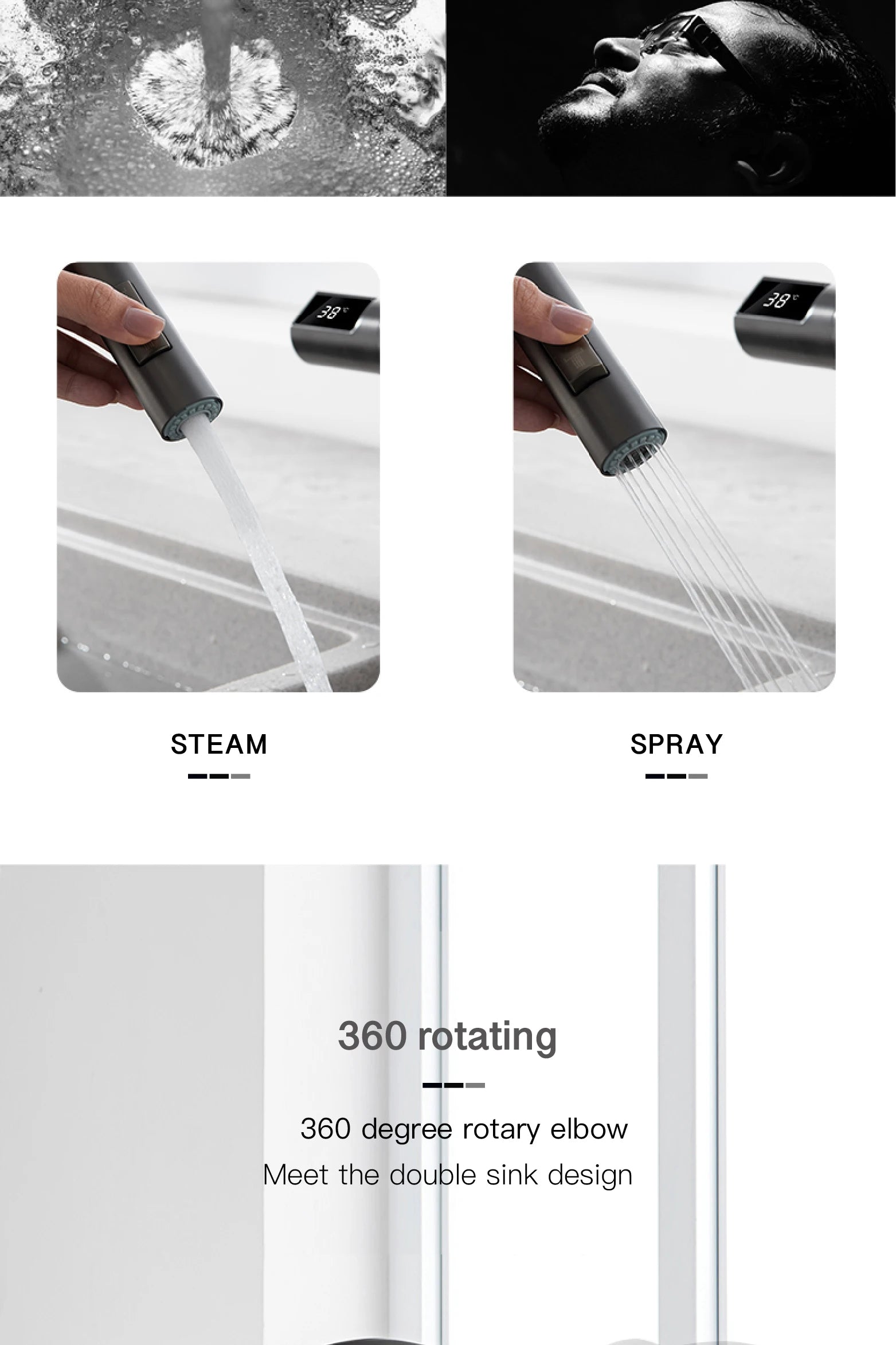 gun gray kitchen faucet, LED digital sensing, 2-function spay