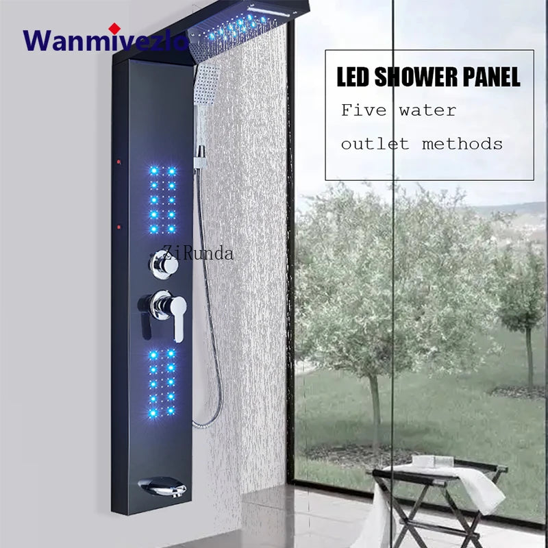 LED, massage, matte black, Stainless column, waterfall faucet
