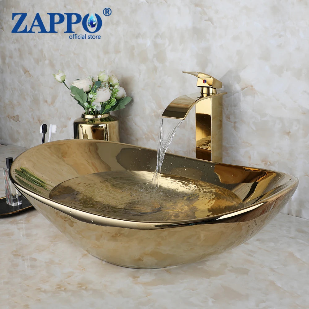 Large Gold Vessel Sink with Faucets, Drain