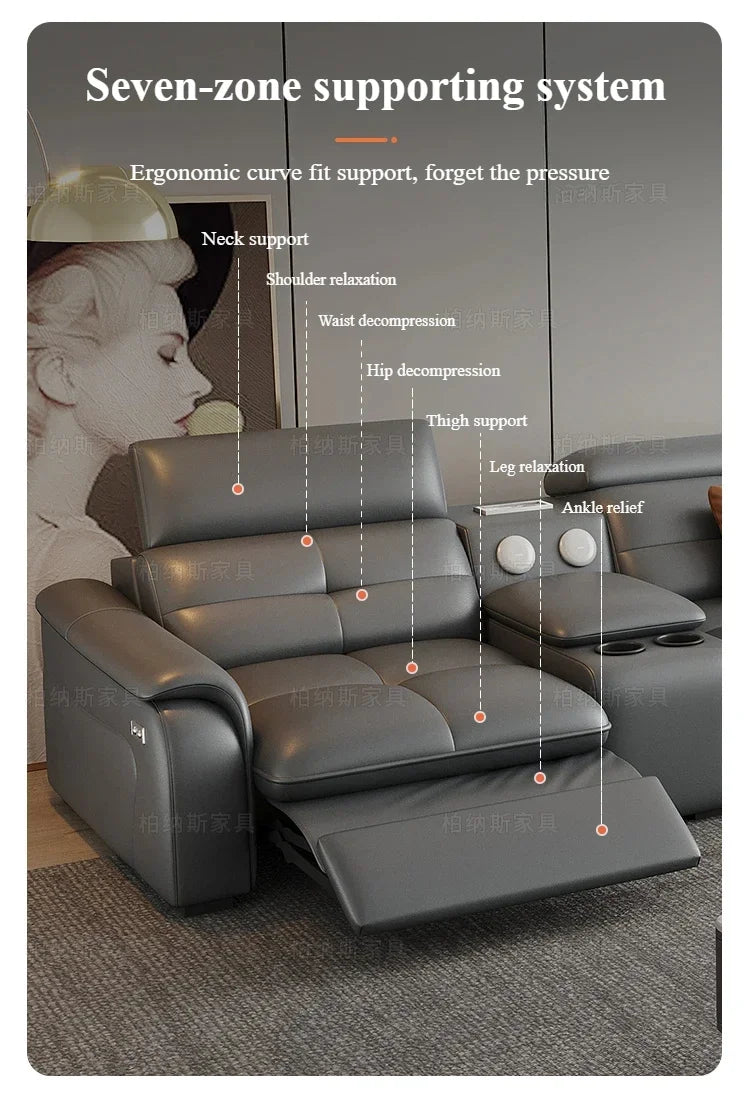 Genuine Leather Corner Sofa, Electric Reclining, Storage