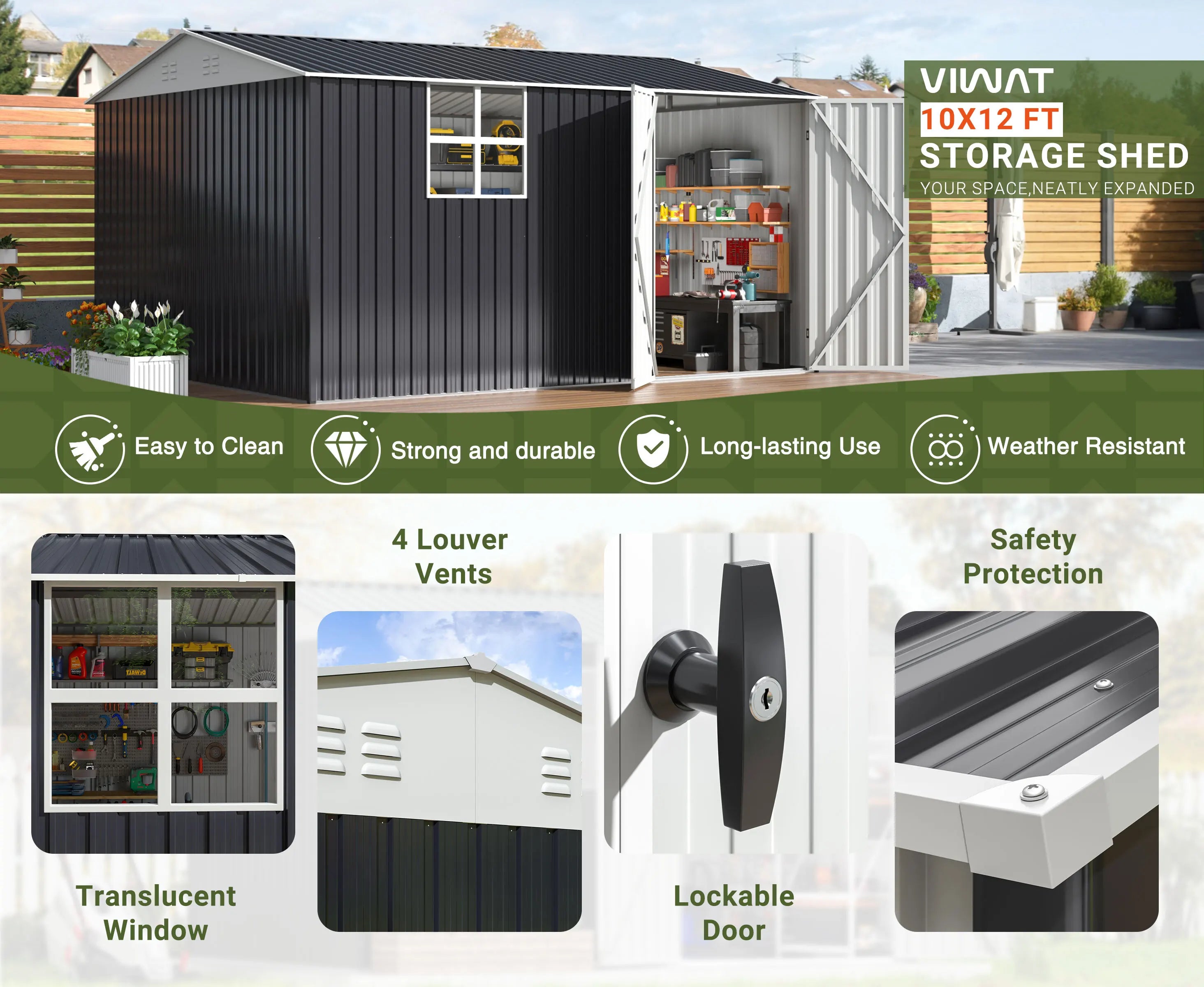 10x12 FT Outdoor Metal Storage Shed with Windows