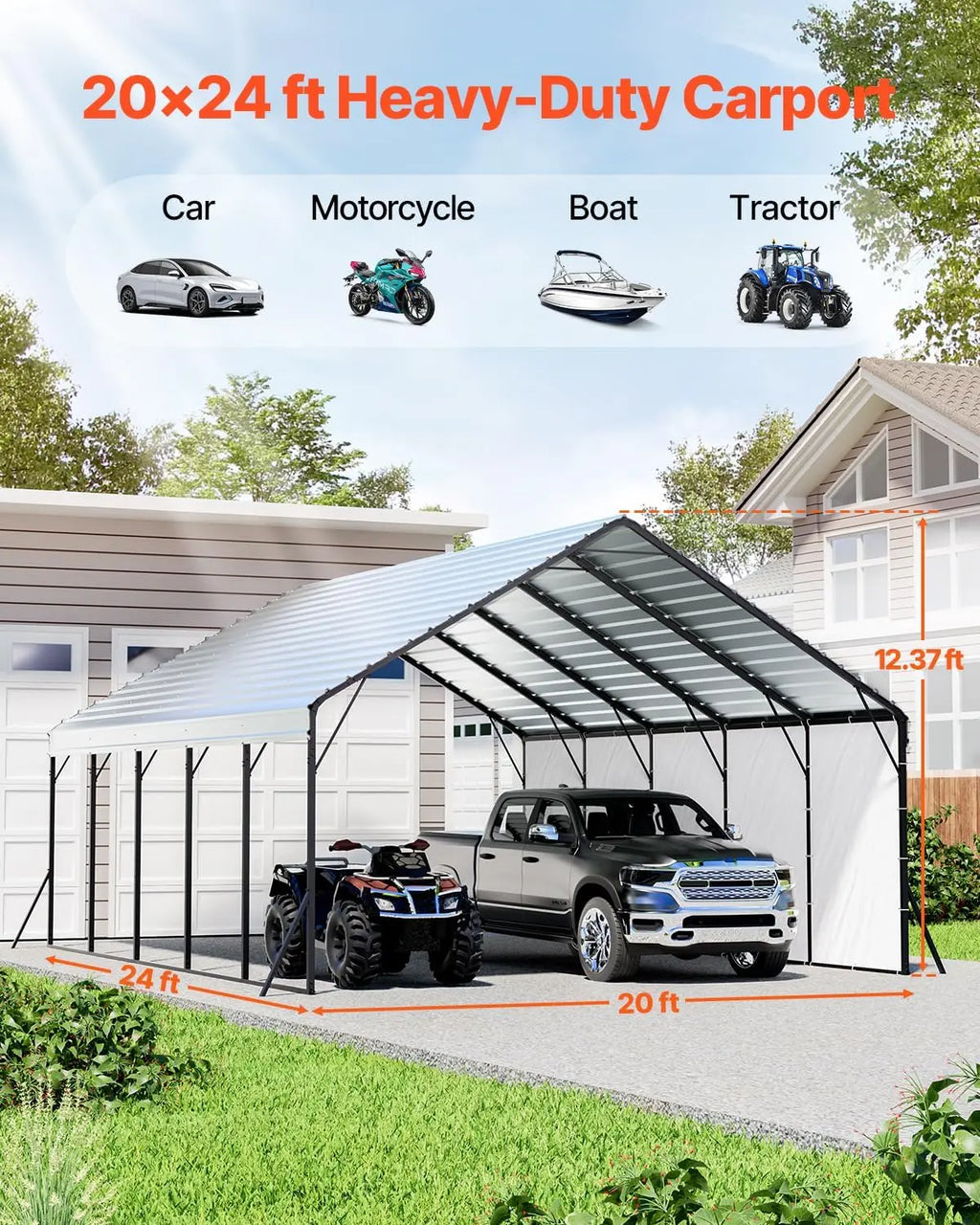 20x24 ft Metal Carport, Removable PE Sidewalls