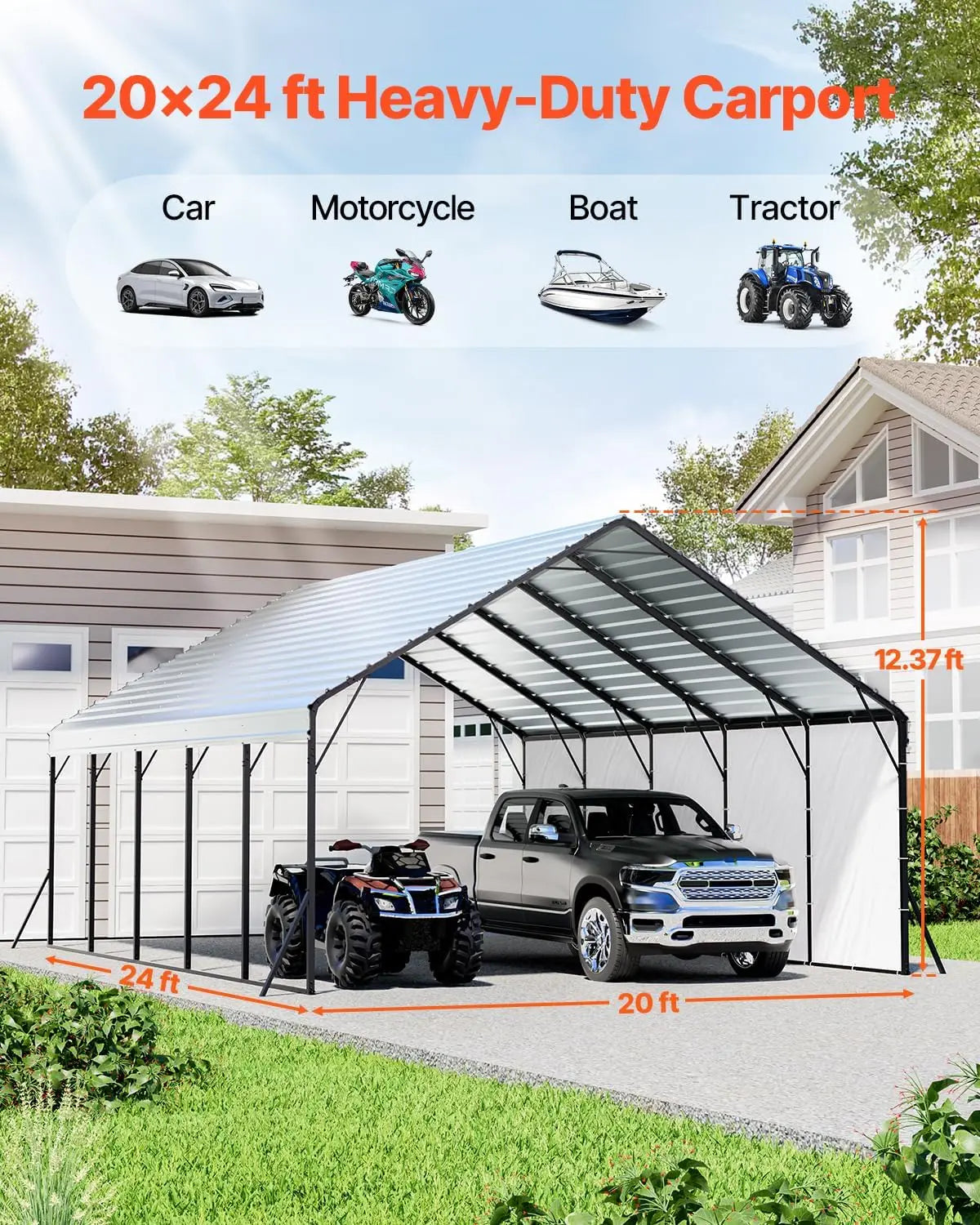 20x24 ft Metal Carport, Removable PE Sidewalls