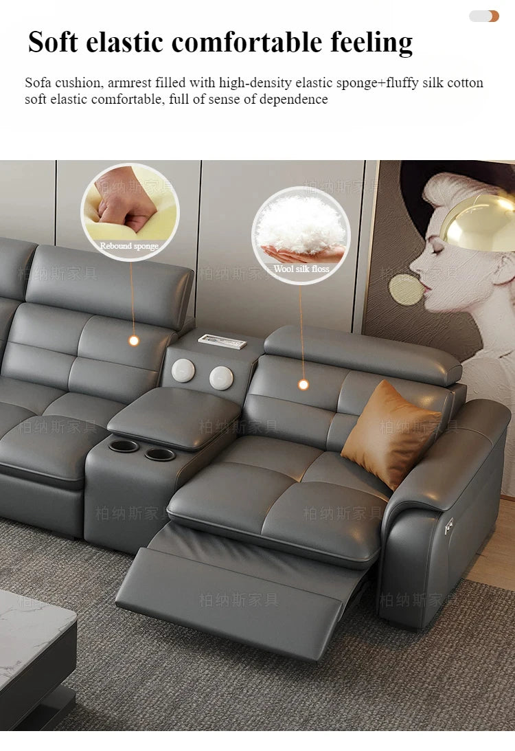 Genuine Leather Corner Sofa, Electric Reclining, Storage