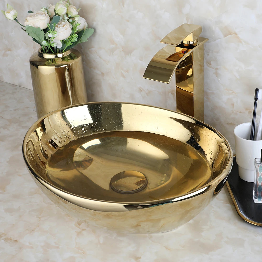 Large Gold Vessel Sink with Faucets, Drain