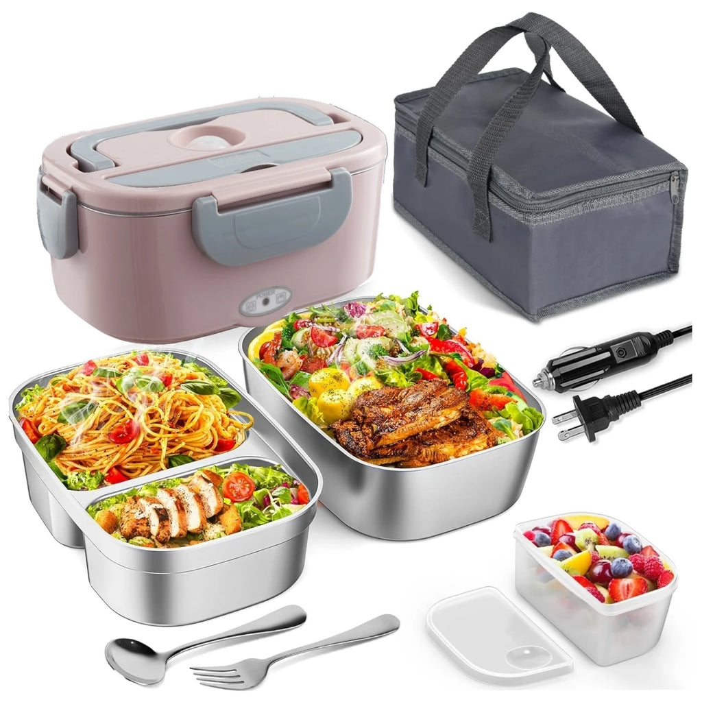 Heated Lunch Box. Dual Stainless Steel Containers, Portable