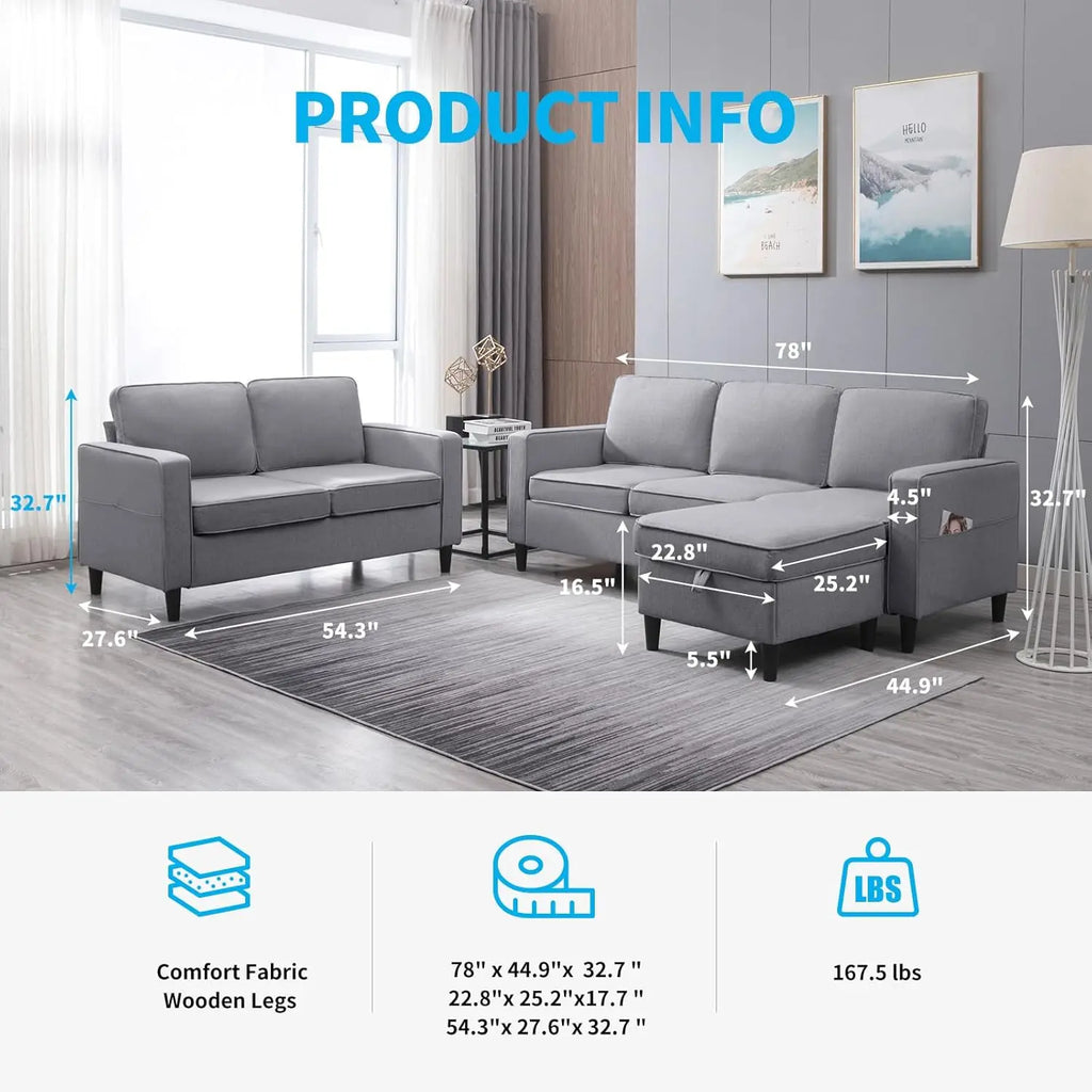 Convertible Sofa Set, 3-Seater with Storage