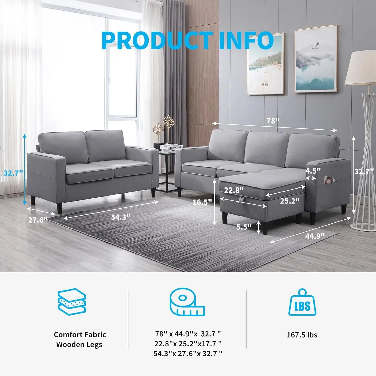 Convertible Sofa Set, 3-Seater with Storage