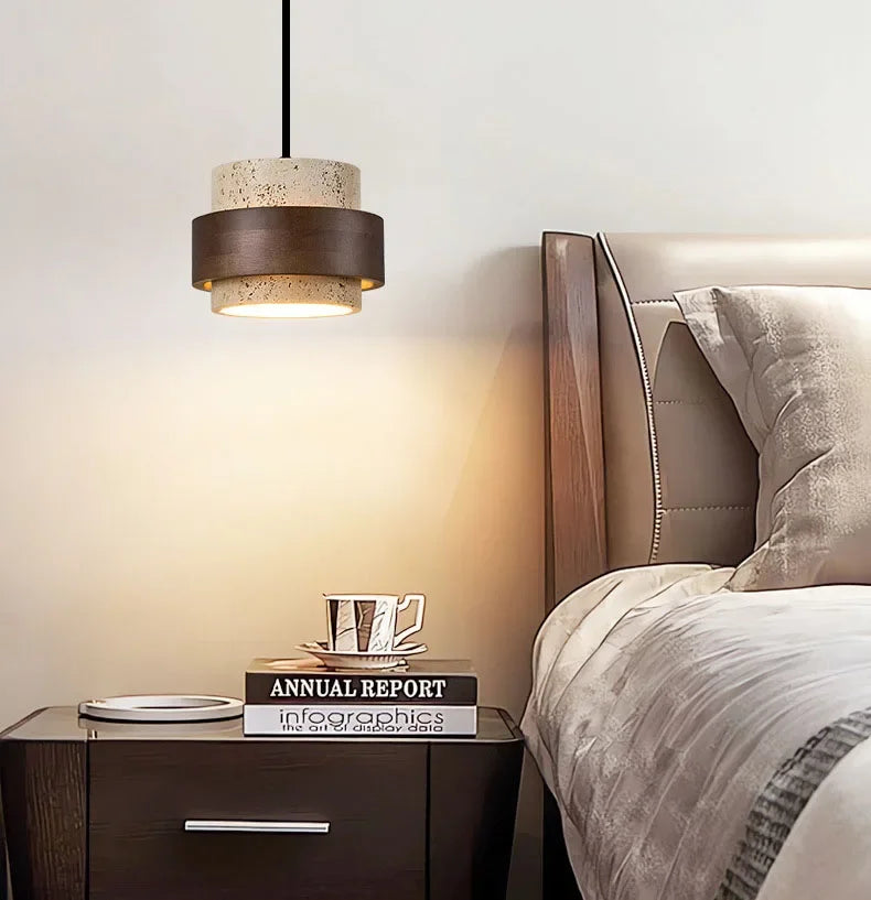 Natural Stone LED Pendant Lamp, Wood, Cord Adjustable