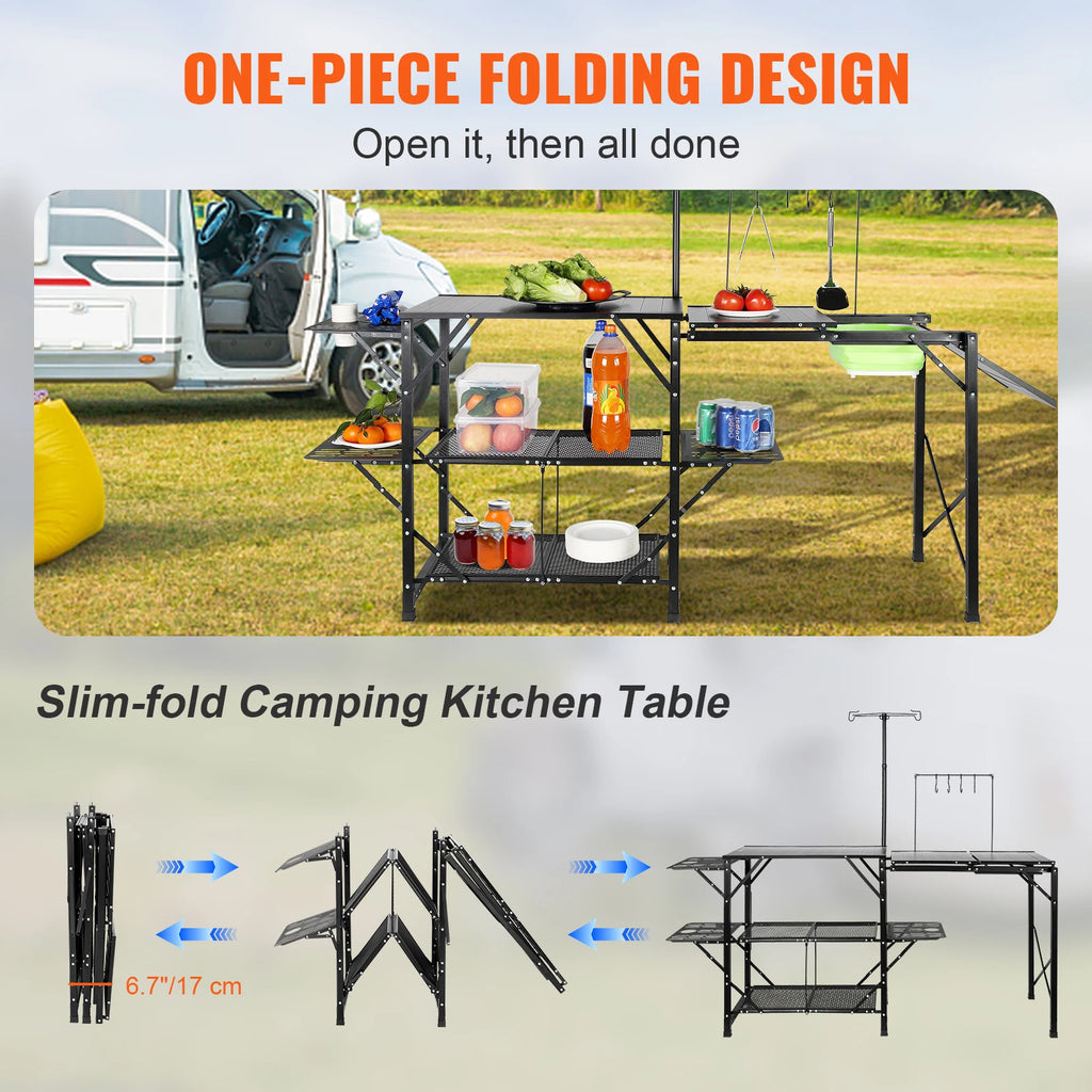 Camping Kitchen Table with Sink, Aluminum Folding Frame