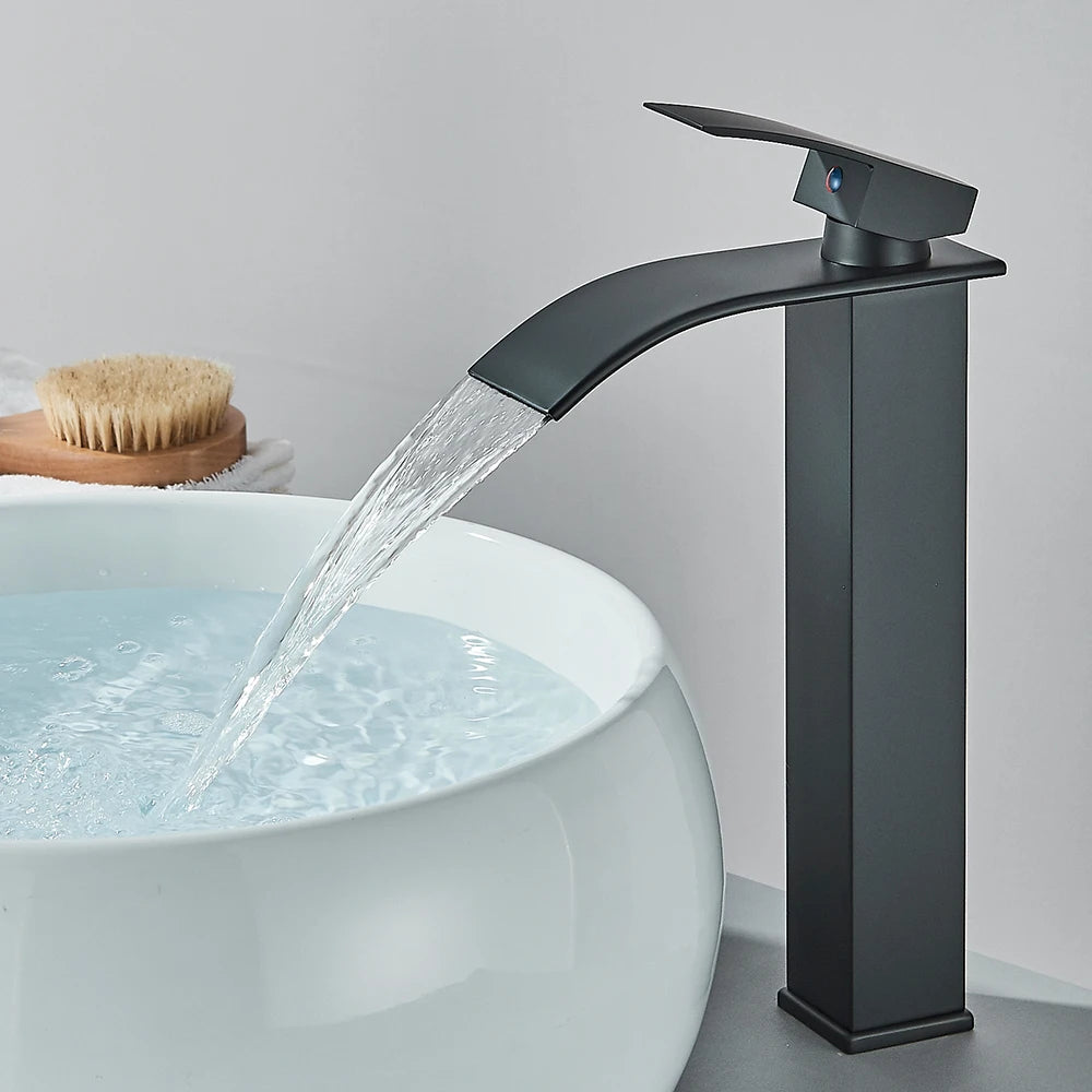 Matte Black Waterfall Basin Faucet Single Handle Mixer