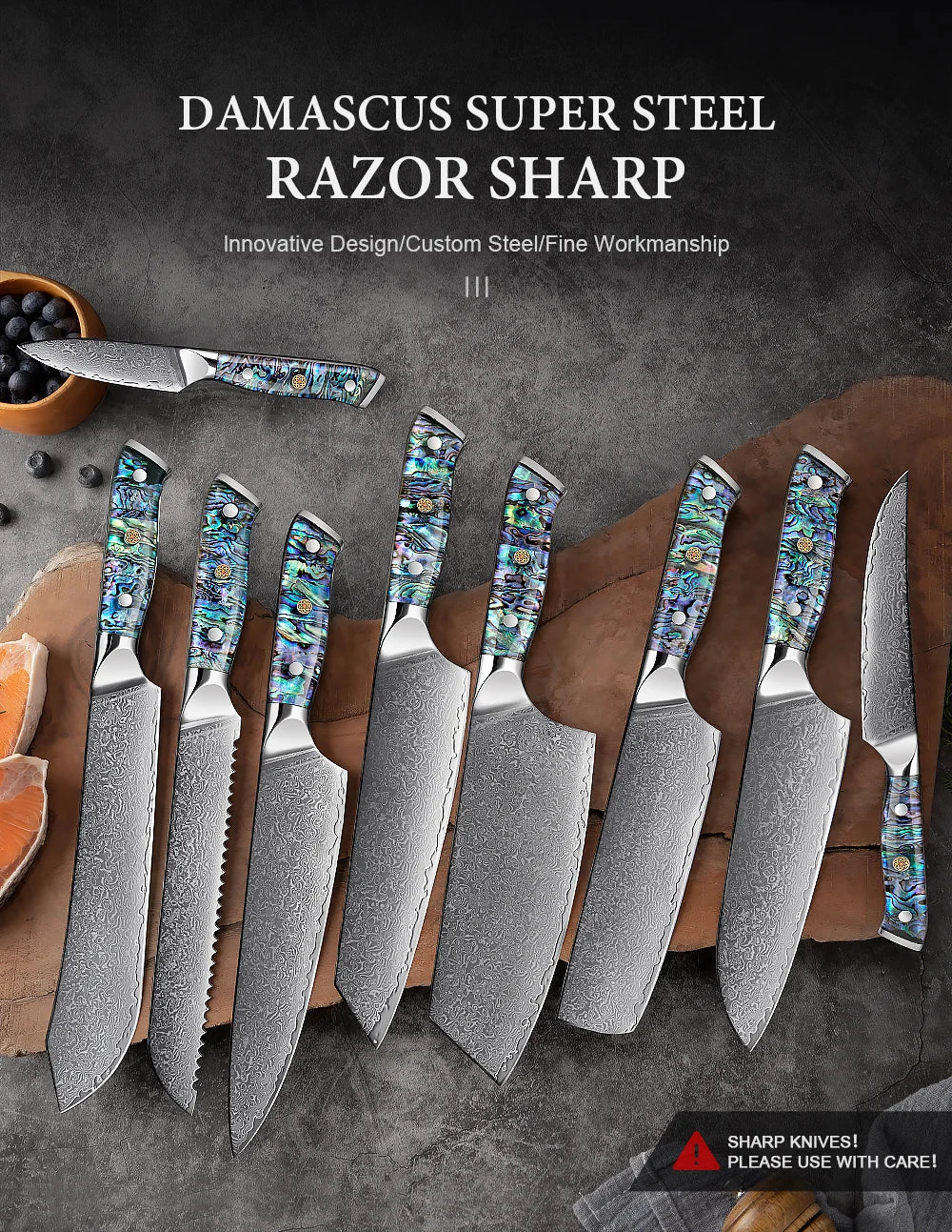 1-9 Pc. Damascus Steel Kitchen Knives Set Abalone Handle