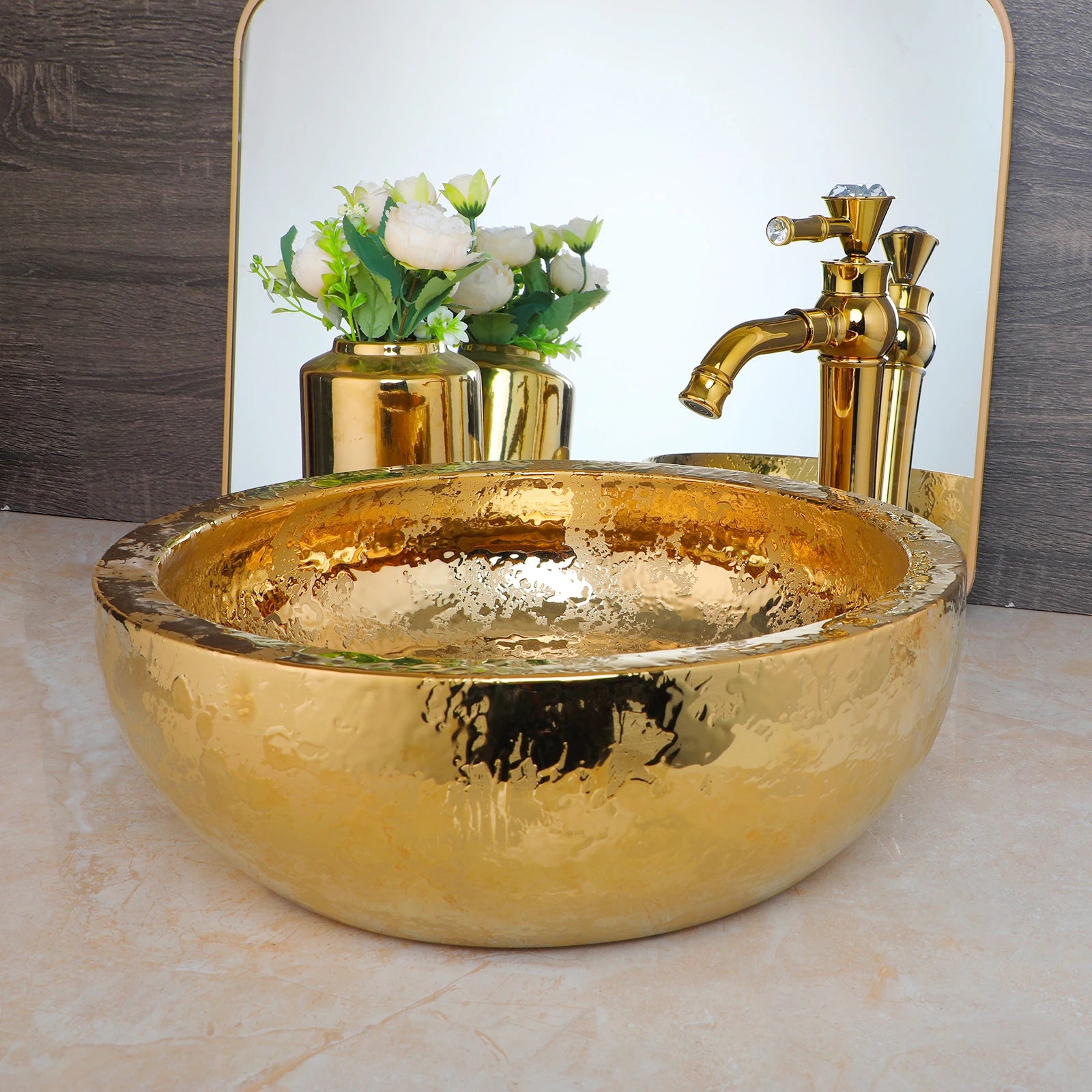 15" Gold Vessel Sink with Faucet, Drain