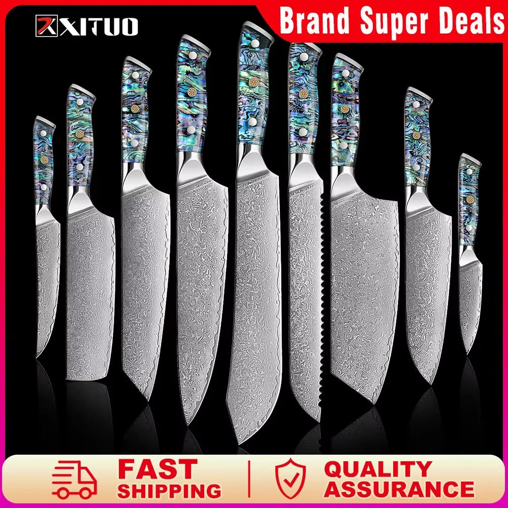1-9 Pc. Damascus Steel Kitchen Knives Set Abalone Handle