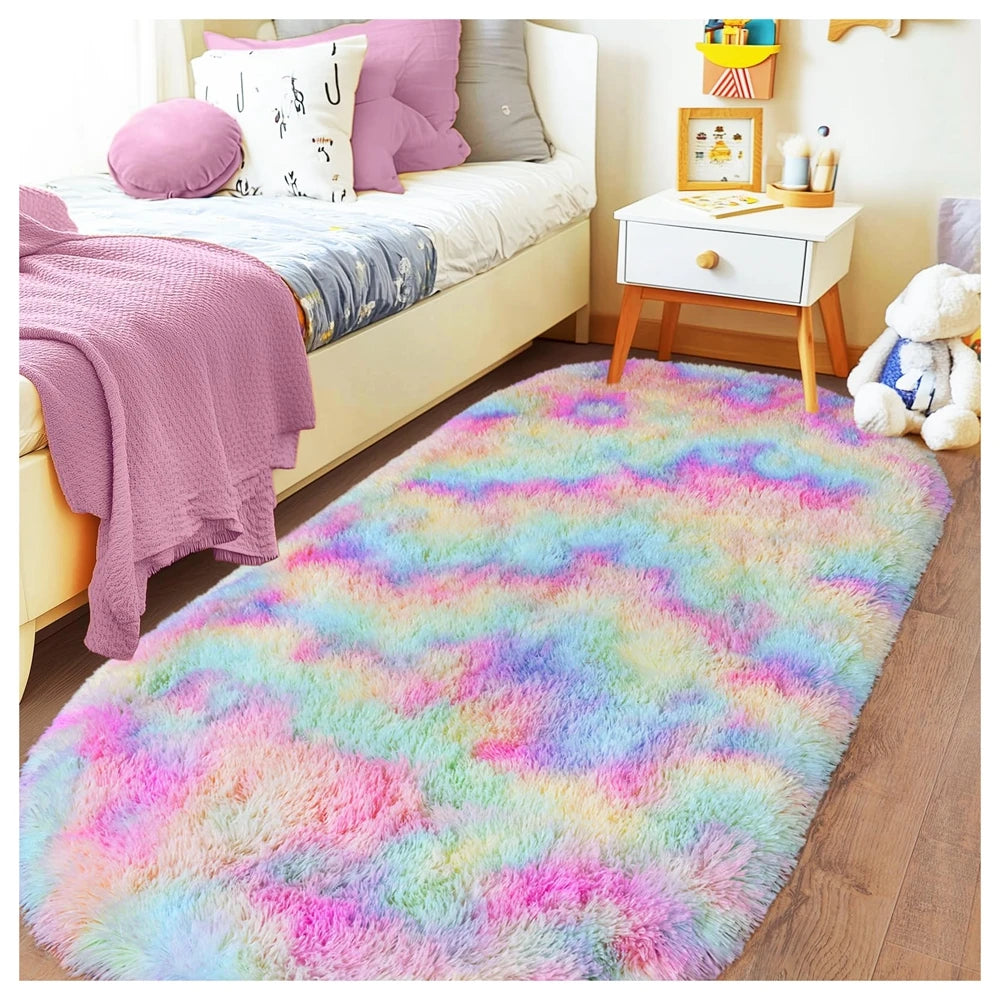 Oval Fluffy Plush Bedside Rugs, Moisture-Proof