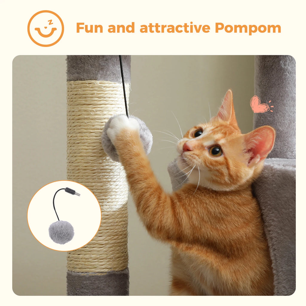 5-Level Cat Tree 113cm Cat Tower with Top Perch,Soft Condo,Natural Sisal Scratching Post,Attractive Pompom,Anti-tip kit,Hammock