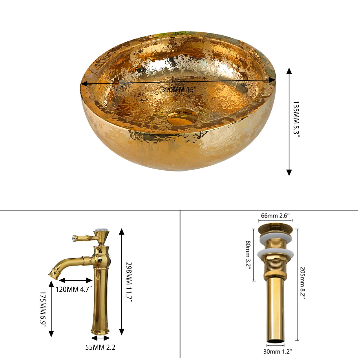 15" Gold Vessel Sink with Faucet, Drain