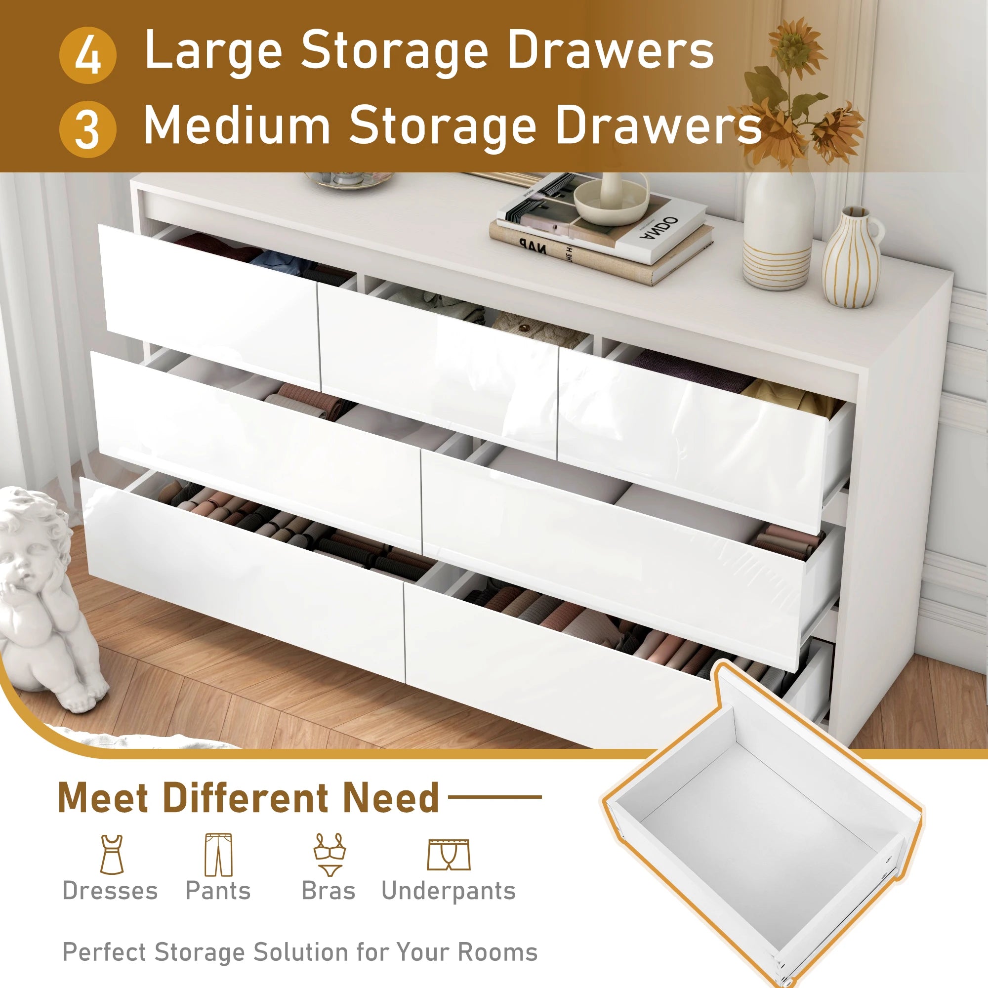 55" 7-Drawer Dresser for Bedroom, High Gloss Drawers