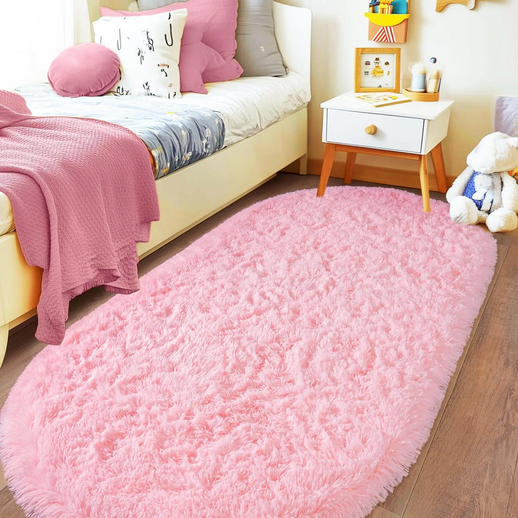 Oval Fluffy Plush Bedside Rugs, Moisture-Proof