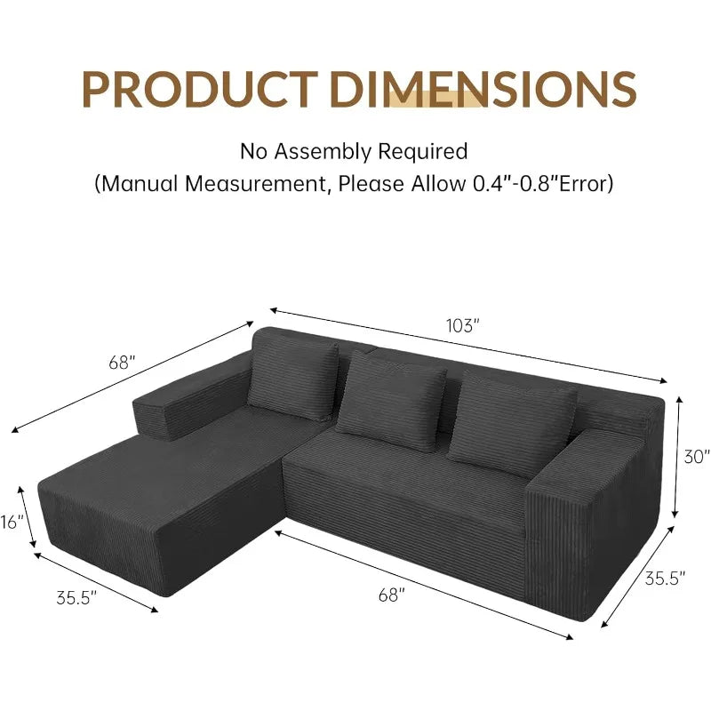 Sectional Sofa 103", Cloud Chaise, Dark Grey