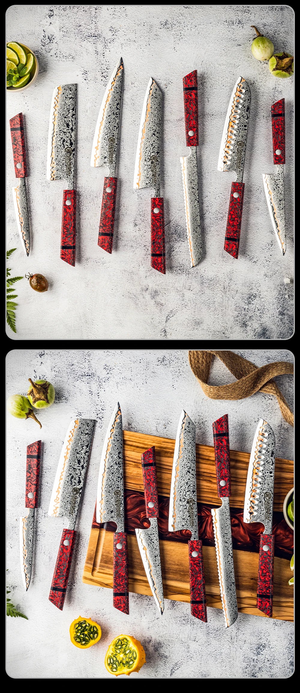 1-7PCS 55 Layers Copper Damascus Steel Chef Knife