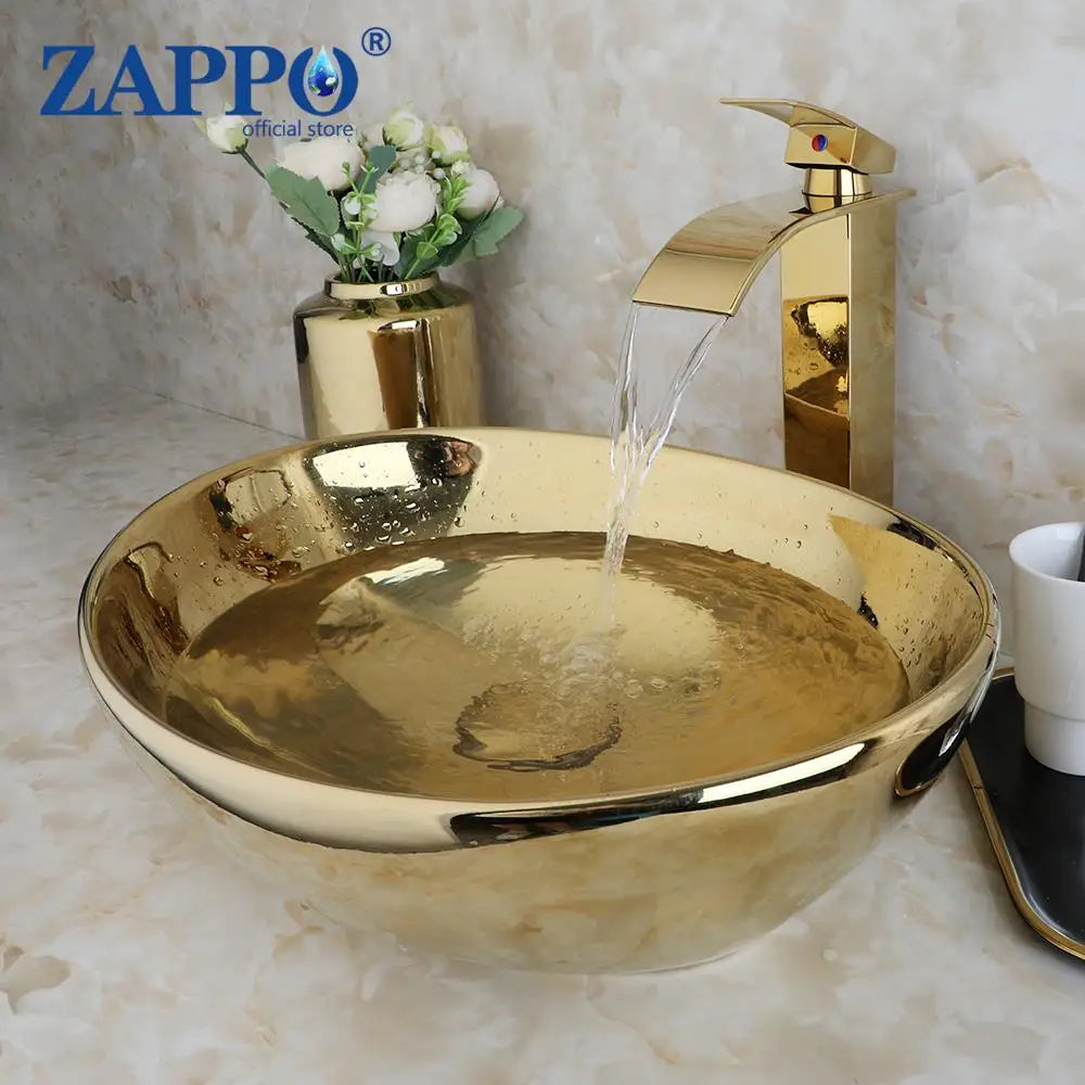 Large Gold Vessel Sink with Faucets, Drain